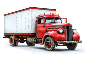 A vintage red truck on a white background