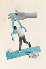 Vertical creative composite abstract illustration collage photo of young man tied to mannequin hand...