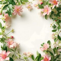 Spring and Summer seasonal flowers frame with copy-space for text for social media advertisement post. Beautiful realistic pink floral frame with petal in warm color tone on pastel beige background.