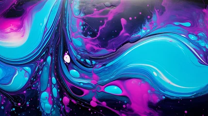 Fotobehang Electric neon teal violet and fuchsia acrylic pouring © Georgii