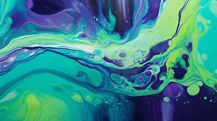Fotobehang Electric teal violet and chartreuse glossy acrylic pours © Georgii