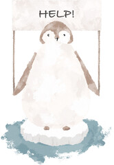 Penguin on a melting iceberg with help sign. Global warming concept. Climate change concept illustration.  - 715778261