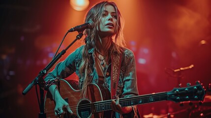 A female singer performing on stage with her guitar ,generative ai