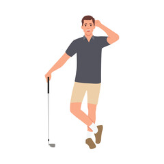 Male golfer holding a golf club and smiling. Flat vector illustration isolated on white background