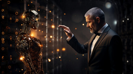 a man in a suit communicates with a robot with artificial intelligence