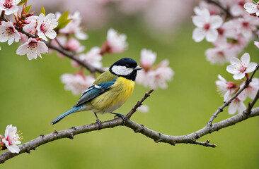 Obraz premium spring day, cherry blossom branch, tit sitting on a blossoming branch