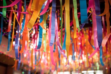 Colorful party streamers hanging from the ceiling, adding a festive touch to a birthday party atmosphere.