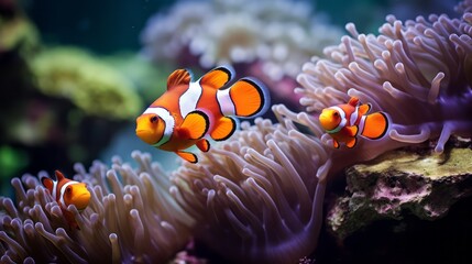 Fototapeta na wymiar Clownfish. Beautiful group of clownfish swimming in anemone corals. Closeup of a family of orange clown fish in the ocean. AI generated image of a bright anemone fish in a coral reef.