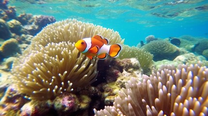 Naklejka na ściany i meble Clownfish. Beautiful clownfish swimming in anemone corals. Closeup of an orange clown fish in a coral reef . AI generated image of a bright anemone fish in swimming in the ocean.