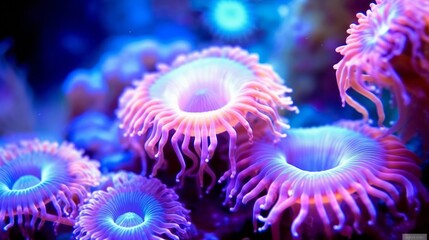 Fototapeta na wymiar Purple polyps underwater. Beautiful coral reef with purple polyps. Bright purple polyps growing in clear ocean water on a reef. Underwater world of corals in sunlight