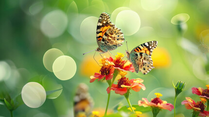 Butterflies with intricate patterns on vibrant flowers, natural background
