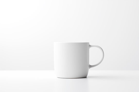 A minimalist stock image featuring a white coffee mug set against a simple background. The clean and uncluttered composition highlights the elegance of the white cup