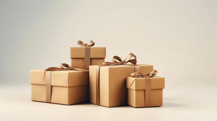 Multiple beige presents in japandi, wabi sabi style minimalist background