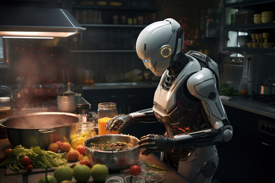 Robotor als Haushaltshilfe kocht in der K&uuml;che Essen