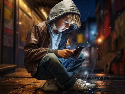 Niño de la generación Z con adicción a las pantallas y a las Redes sociales enganchado a la tecnología