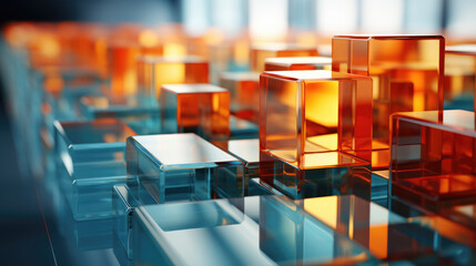 3D abstract background of reflective teal and orange glass cubes with copy space