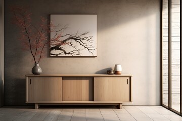 Cabinet in the hallway of a pristine Japanese minimalist room, exuding a sense of luxurious interior