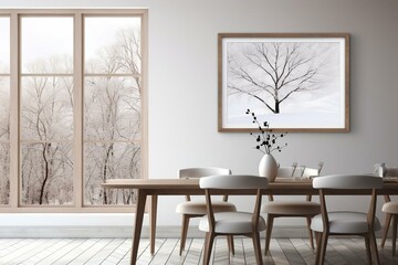 Bright dining room with window view, table, chairs, and poster mockup. Generative AI