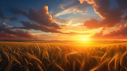 Wheat field at sunset. Panoramic view.