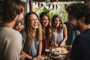 A group of friends playing party games, laughter filling the air as they celebrate a birthday together.