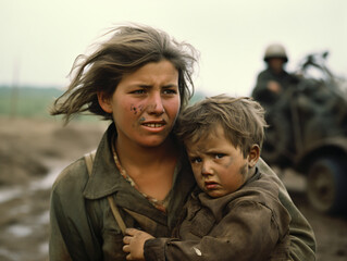 Madre cuidando de su hijo en la guerra con explosiones y destrucción a su alrededor 