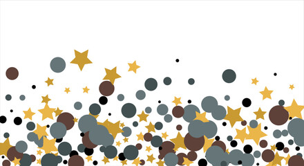 Gold, blue, brown, black confetti with circles and stars. Cosmic shine. Christmas abstract pattern. Beautiful illustration for postcard, banner, web. Background for the image. Vector illustration