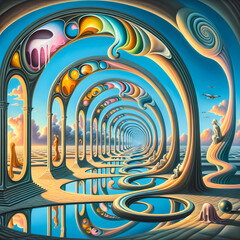 A surrealistic artwork inspired by Salvador Dali, focusing on recursion with illusions and loops. The scene features a series of arches. - obrazy, fototapety, plakaty