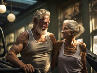 Pareja de abuelos teniendo estilo de vida activo y saludable, haciendo deporte en el gimnasio