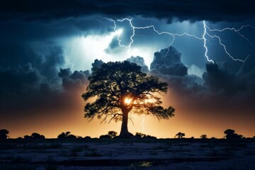 A thunderstorm illuminates the sky over a tree. Generative AI - obrazy, fototapety, plakaty