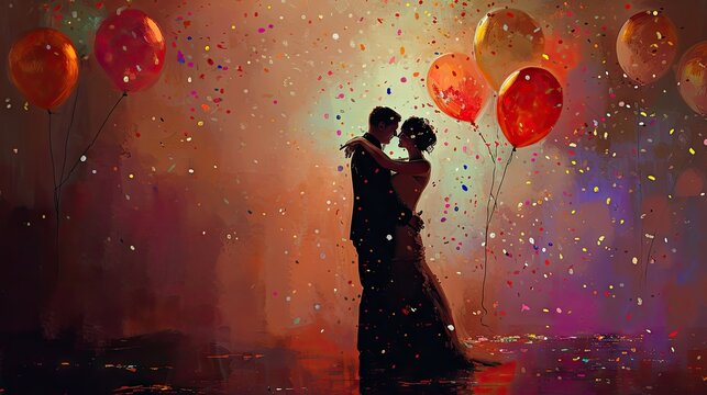 Gorgeous bride and groom in the image of the bride and groom on the background of colorful balloons
