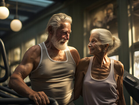 Pareja de abuelos teniendo estilo de vida activo y saludable, haciendo deporte en el gimnasio