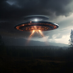 luminous unidentified flying object hovering in the air above the ground against the background of a gloomy dark sky, UFO