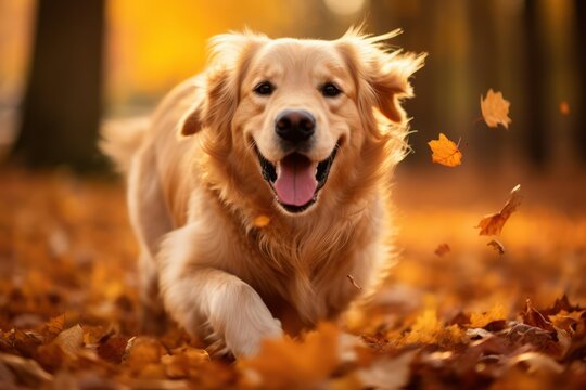 Golden Retriever dog running in the autumn park with falling leaves