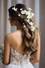 Detail of a blonde bride's hairstyle with curls and white flowers