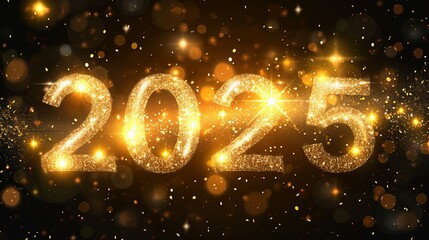 Golden metallic 2025 symbol in minimalistic style on white background with copy space