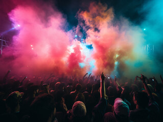 Fototapeta na wymiar Fiesta de electrónica con Dj y gente bailando y disfrutando de la música con luces, humo y polvo de colores