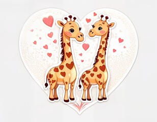 two cartoon-style giraffes standing next to each other, with a heart-shaped design in the background.