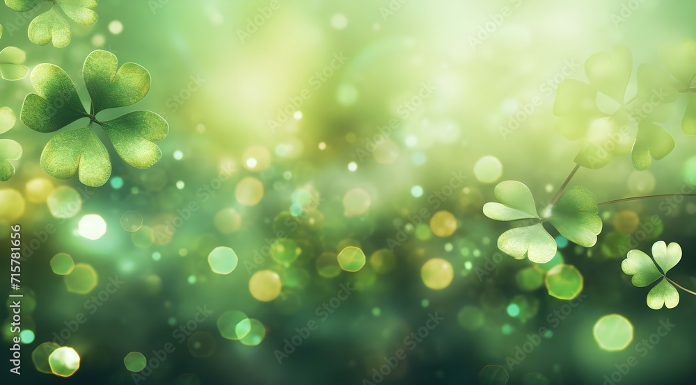Poster st. patrick's day background with shamrock and bokeh.