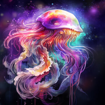 Colorful jellyfish in a starry sky. Digital painting.