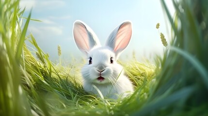 Obraz premium Cute white rabbit in green grass on blue sky background. Easter concept