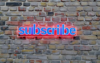 The word subscribe written on wall with glowing light and a big copy space, Generative AI.