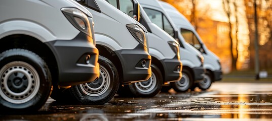 White delivery vans in neat row, reliable transportation service with text space