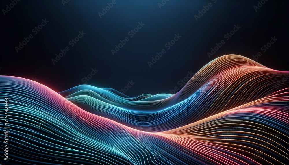 Poster abstract with smooth gently undulating neon lines creating a serene fluid landscape of color against