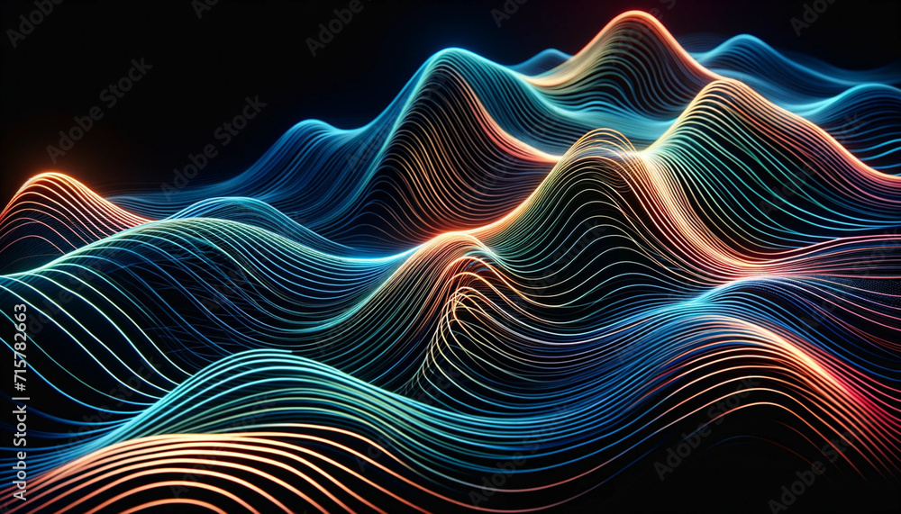 Poster abstract featuring wavy neon lines, gracefully undulating in a rhythmic pattern against a dark backg
