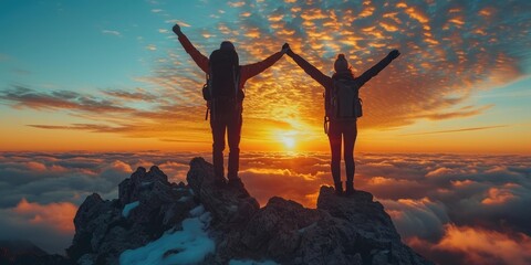 Hikers with arms raised up on mountaintop celebrating success at breathtaking sunrise