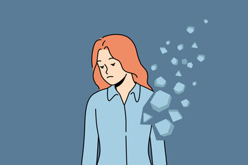 Woman with collapsing inner world needs help of psychotherapist and stands near flying fragments of own body. Concept of destruction of human soul caused by lack of moral guidelines in society