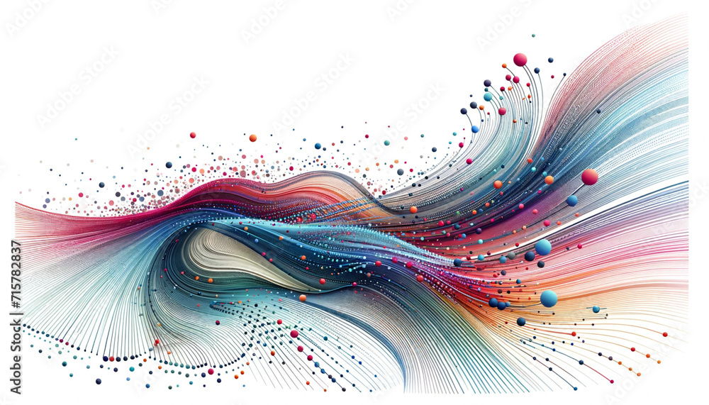 Fototapete abstract featuring colorful dot lines in a dynamic flowing arrangement isolated on a white backgroun