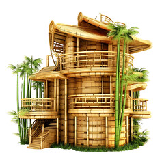 House built with bamboo on transparent background PNG. Natural materials concept in construction.