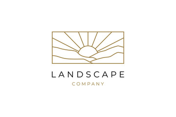 elegant hipster gold sun sunset sunrise with mountain hill landscape logo icon vector in trendy line linear outline