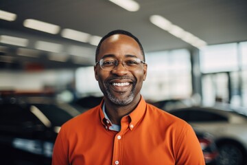 Smiling African American man in car dealership showroom - obrazy, fototapety, plakaty